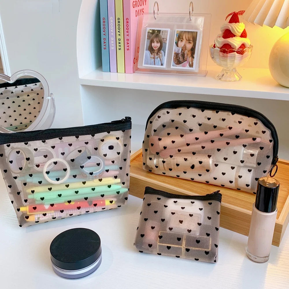 Fashion Black Dot Transparent Mesh Cosmetic Bag New Zipper Women Travel Toiletry Wash Makeup Bag Storage Case Make Up Bags - mercato-e.com