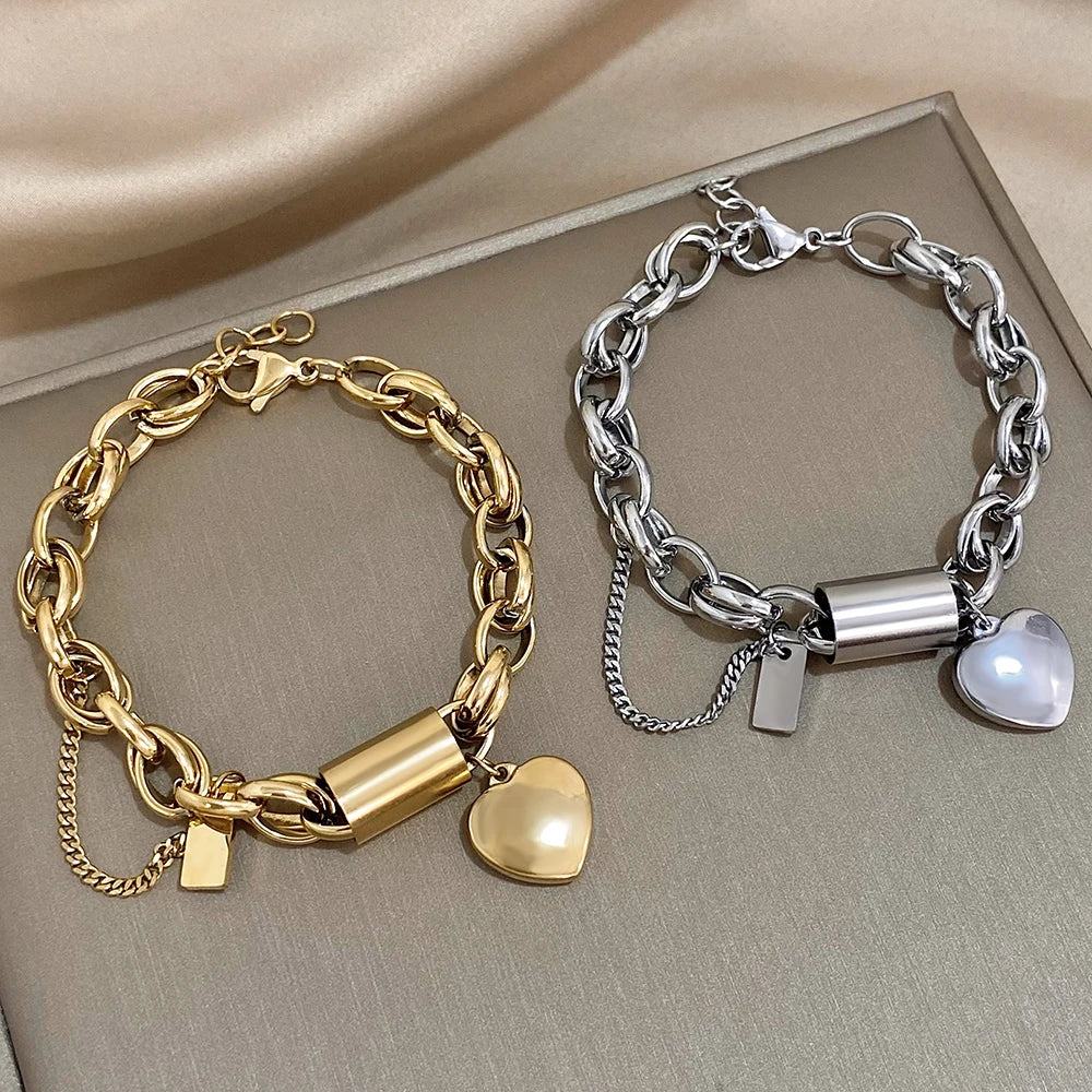 DZ Fashion Design Gold Color Thick Chain Stainless Steel Bracelets for Women Heart Love Pendant Wrist Jewelry - mercato-e.com