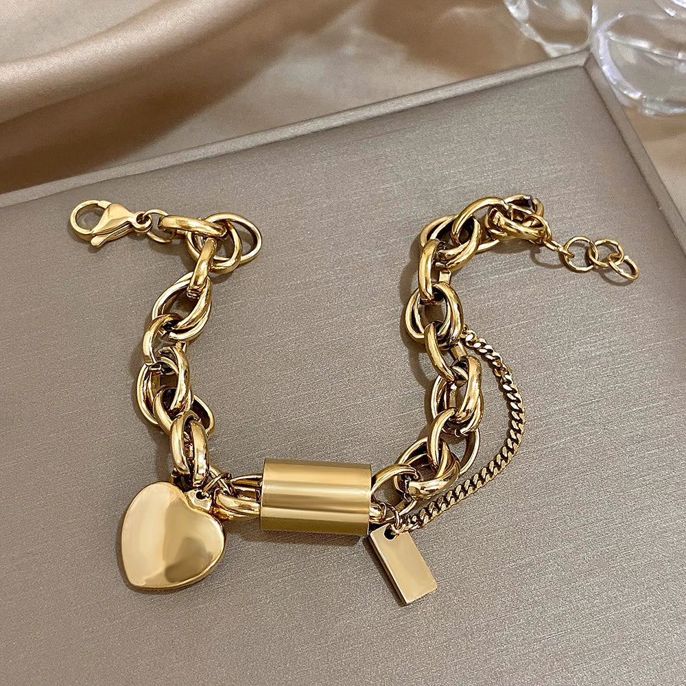 DZ Fashion Design Gold Color Thick Chain Stainless Steel Bracelets for Women Heart Love Pendant Wrist Jewelry - mercato-e.com