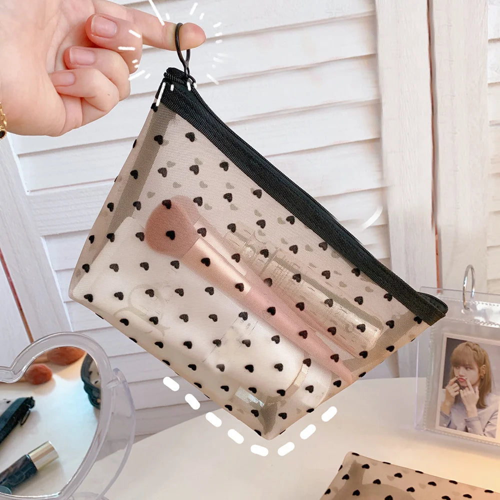 Fashion Black Dot Transparent Mesh Cosmetic Bag New Zipper Women Travel Toiletry Wash Makeup Bag Storage Case Make Up Bags - mercato-e.com