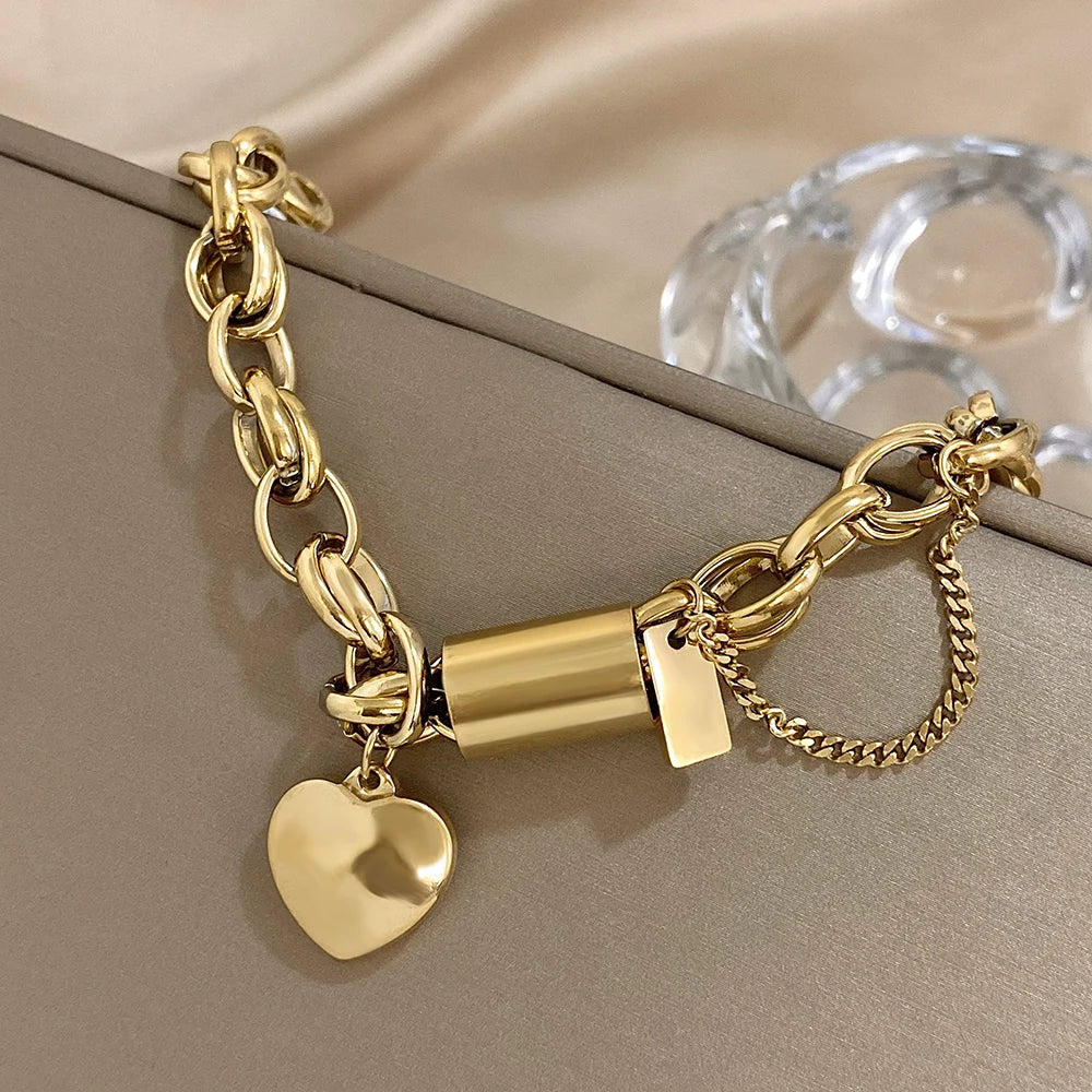 DZ Fashion Design Gold Color Thick Chain Stainless Steel Bracelets for Women Heart Love Pendant Wrist Jewelry - mercato-e.com