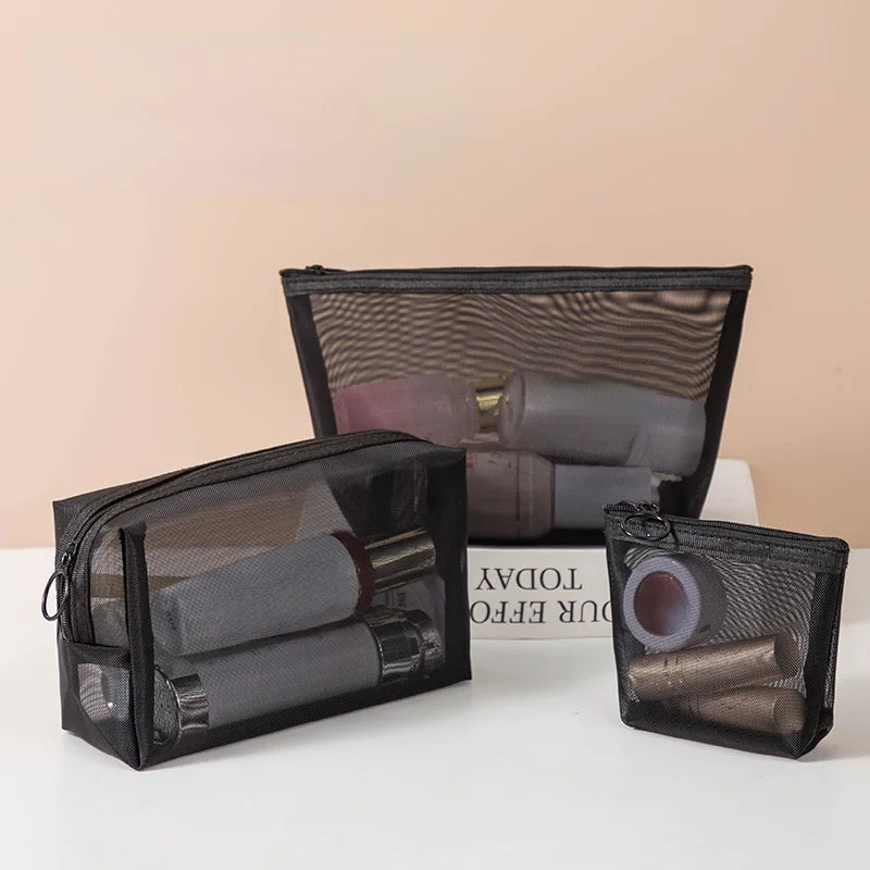 Fashion Black Dot Transparent Mesh Cosmetic Bag New Zipper Women Travel Toiletry Wash Makeup Bag Storage Case Make Up Bags - mercato-e.com