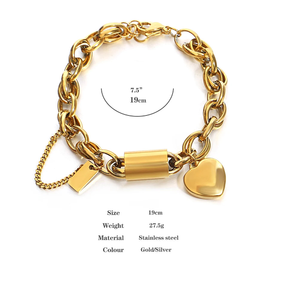 DZ Fashion Design Gold Color Thick Chain Stainless Steel Bracelets for Women Heart Love Pendant Wrist Jewelry - mercato-e.com