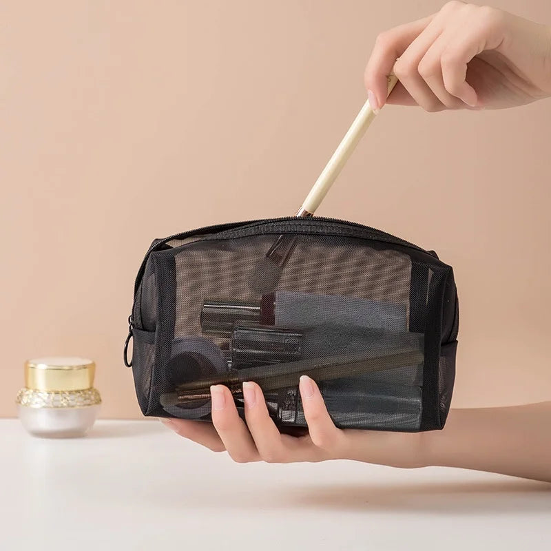 Fashion Black Dot Transparent Mesh Cosmetic Bag New Zipper Women Travel Toiletry Wash Makeup Bag Storage Case Make Up Bags - mercato-e.com