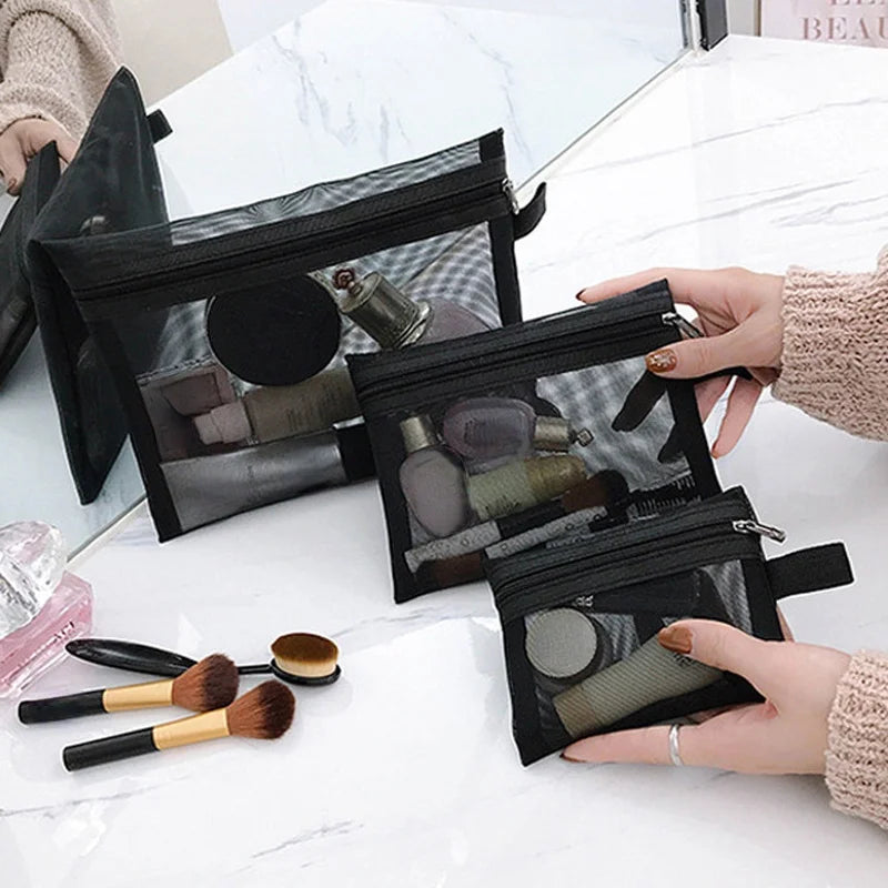 Fashion Black Dot Transparent Mesh Cosmetic Bag New Zipper Women Travel Toiletry Wash Makeup Bag Storage Case Make Up Bags - mercato-e.com