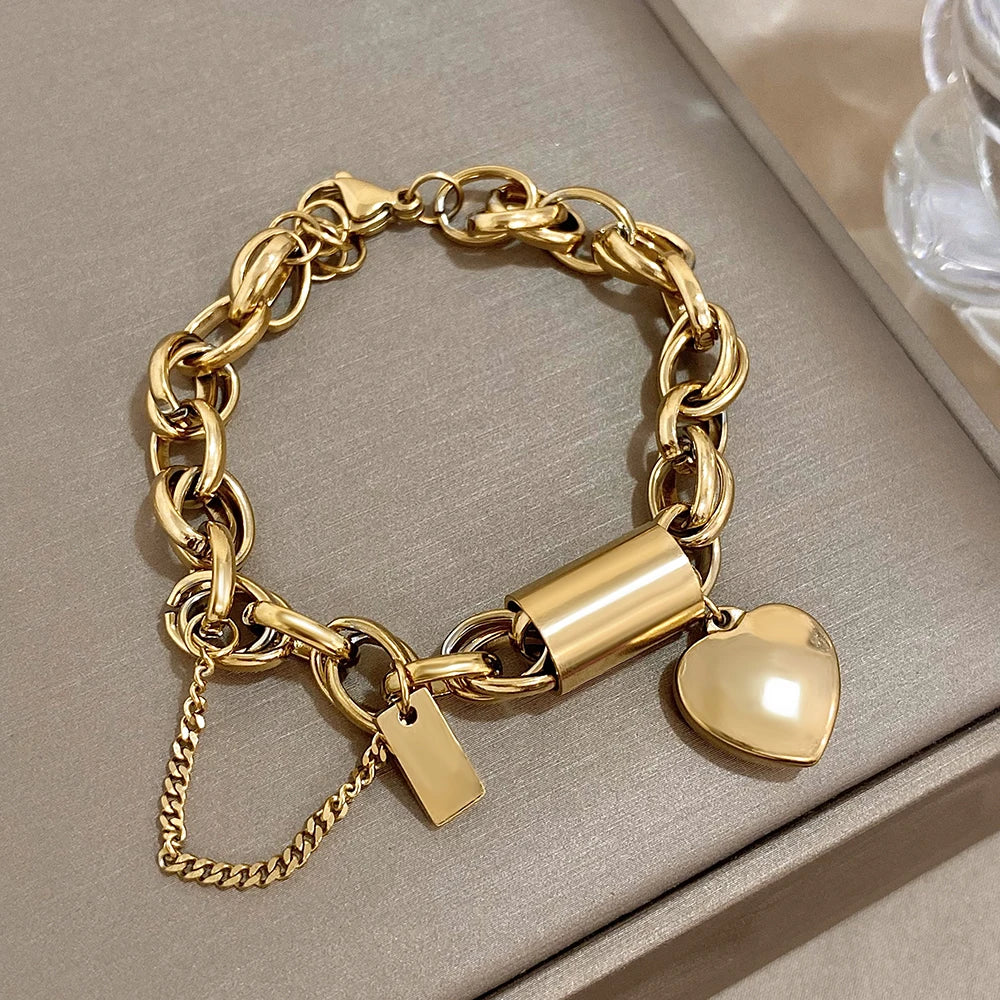 DZ Fashion Design Gold Color Thick Chain Stainless Steel Bracelets for Women Heart Love Pendant Wrist Jewelry - mercato-e.com