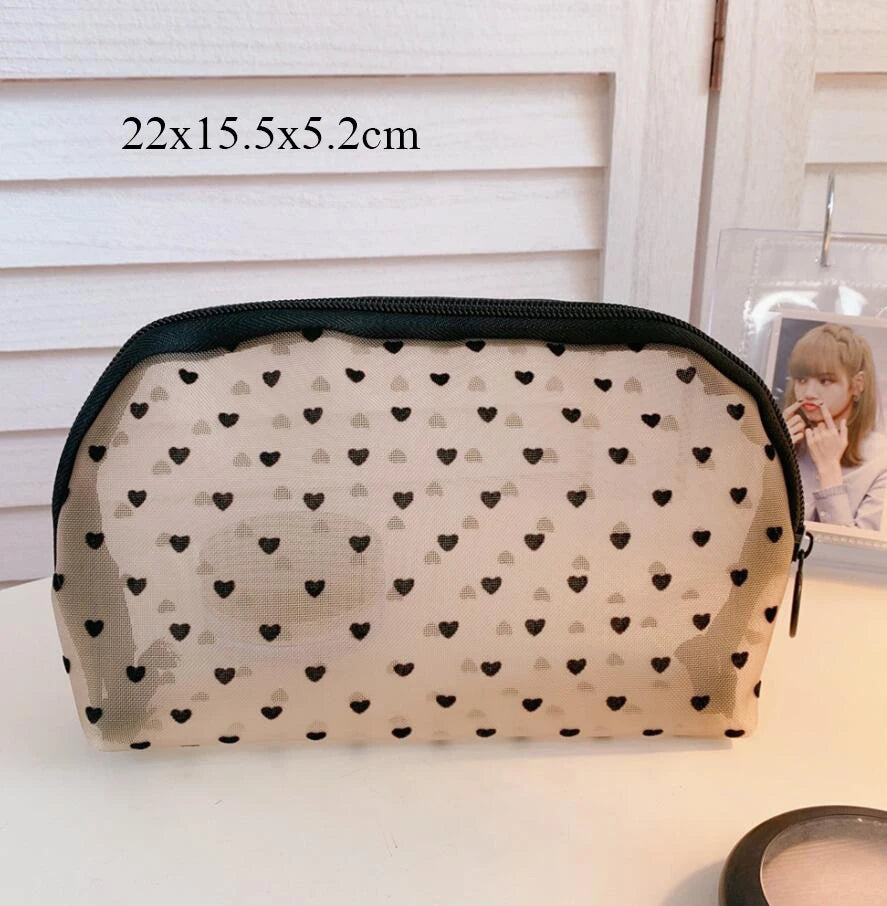 Fashion Black Dot Transparent Mesh Cosmetic Bag New Zipper Women Travel Toiletry Wash Makeup Bag Storage Case Make Up Bags - mercato-e.com