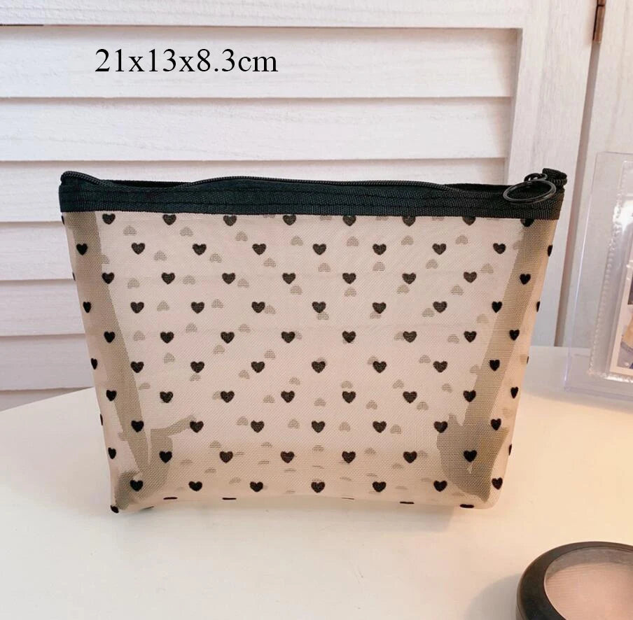 Fashion Black Dot Transparent Mesh Cosmetic Bag New Zipper Women Travel Toiletry Wash Makeup Bag Storage Case Make Up Bags - mercato-e.com